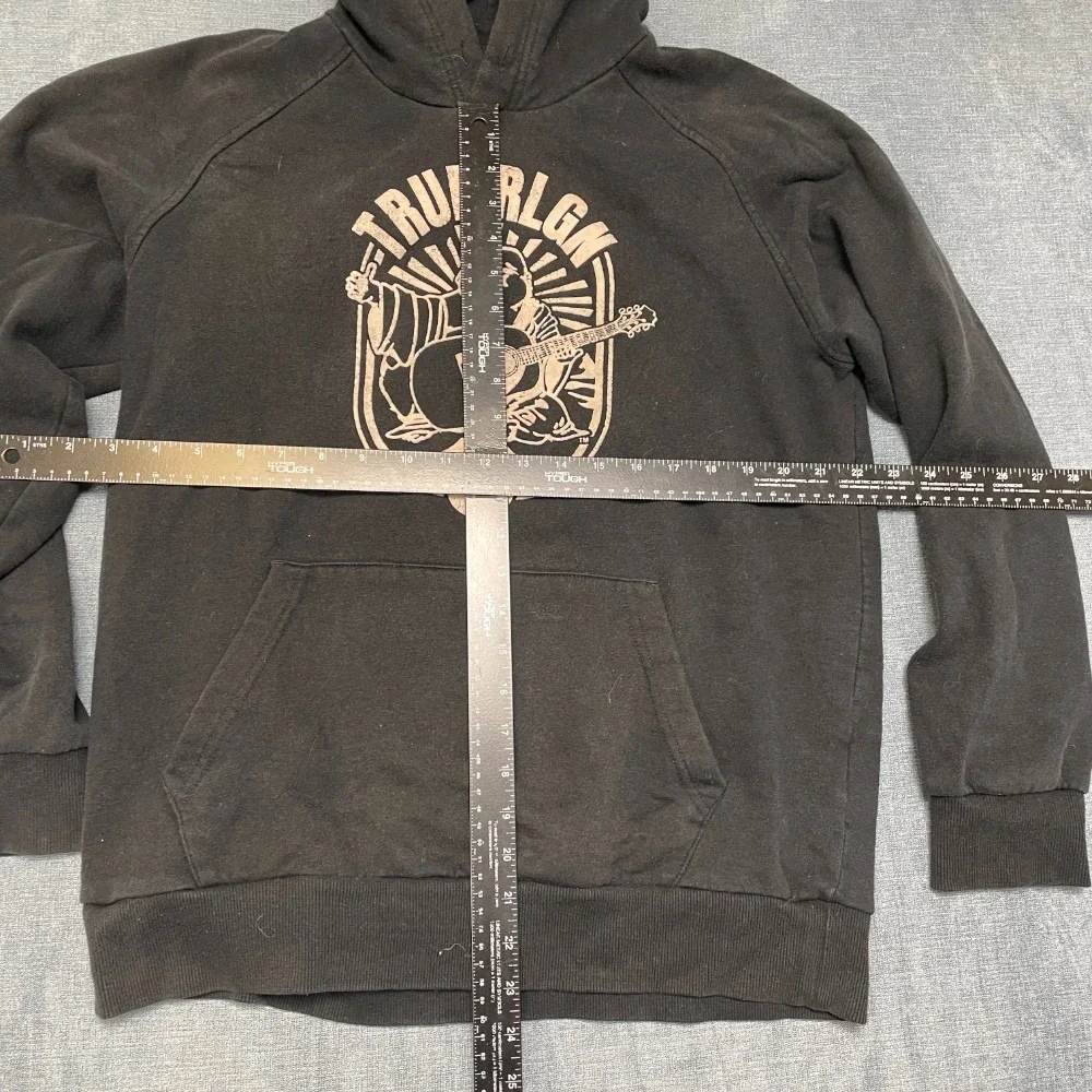 True Religion Hoodie Mens M Black Fleece Lined Buddha Graphic Pullover Cozy